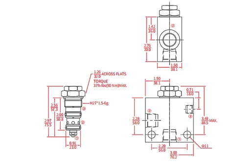 Prestazioni/dimensioni/disegno sezionale della valvola di ritegno IPC12-30, Pilot-to-Open (Dual-Pilot-Operated)